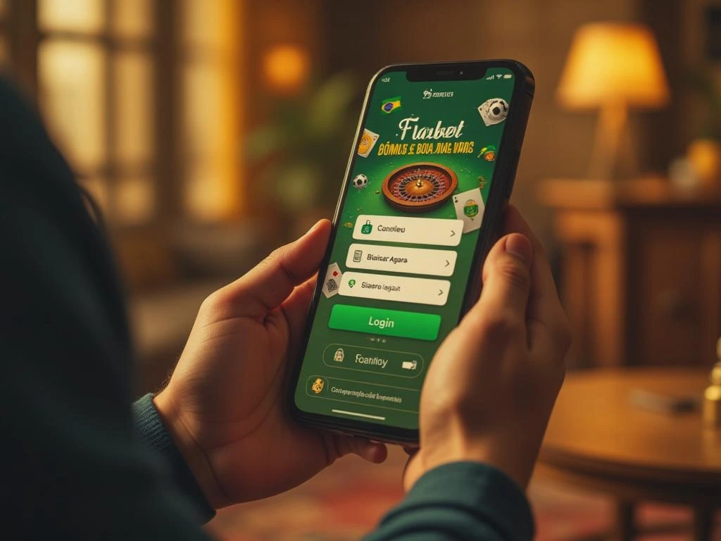 baixar apk flabet com bônus de entrada – ilustração de apostador brasileiro segurando celular com interface do app Flabet, botão Baixar Agora, banner de Bônus de Boas-Vindas, ícones de segurança como cadeado, Pix, e fundo com bandeira do Brasil, futebol, cartas e roleta.