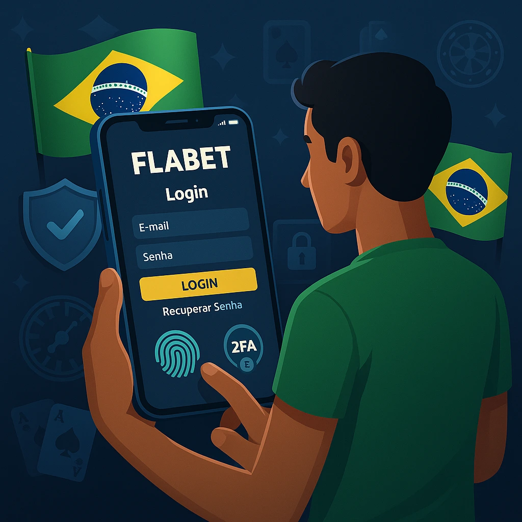 Brazilian man holding a phone with the Flabet login screen in Portuguese, surrounded by flags, security, and casino icons.