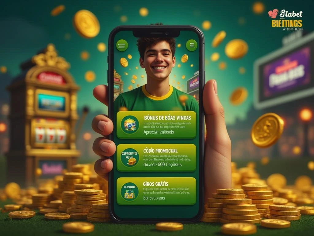 cadastro flabet com bônus – jovem brasileiro sorrindo enquanto ativa giros grátis e bônus de R$600 no app Flabet, com destaque para botões de Bônus de Boas-Vindas, Código Promocional e Sem Depósito, em uma interface vibrante e moderna com moedas, slot machine e bandeira do Brasil ao fundo.